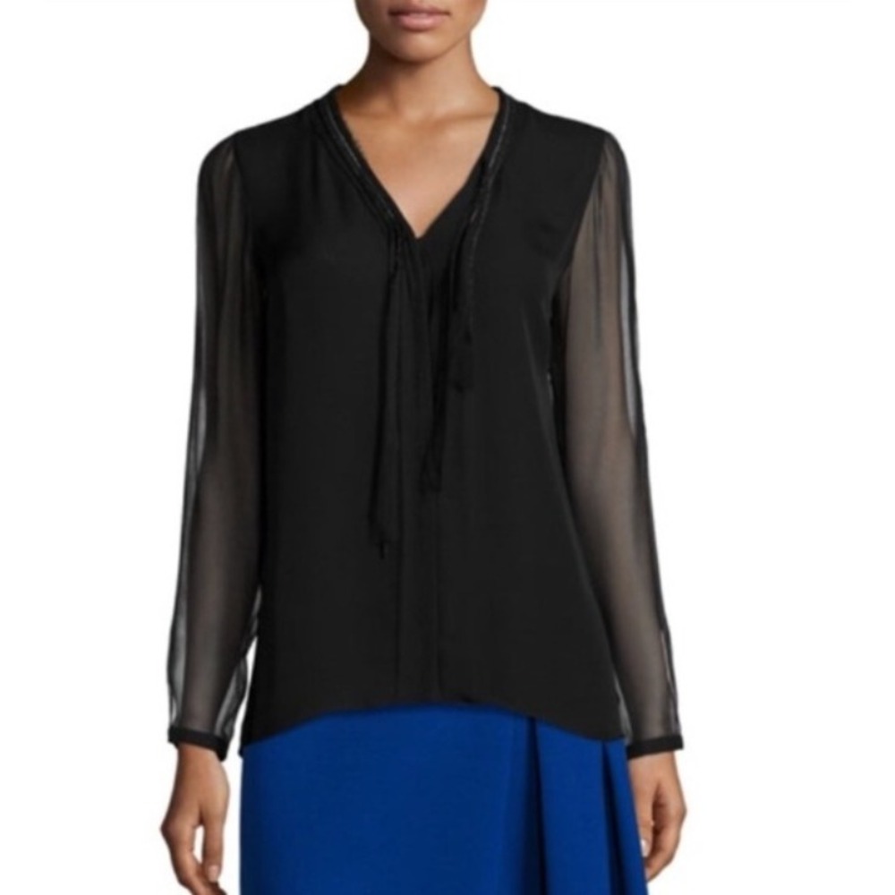 Elie Tahari Black Silk Blouse XS‎ Sheer Ruffle Sleeve Tassel Tie Neck Top